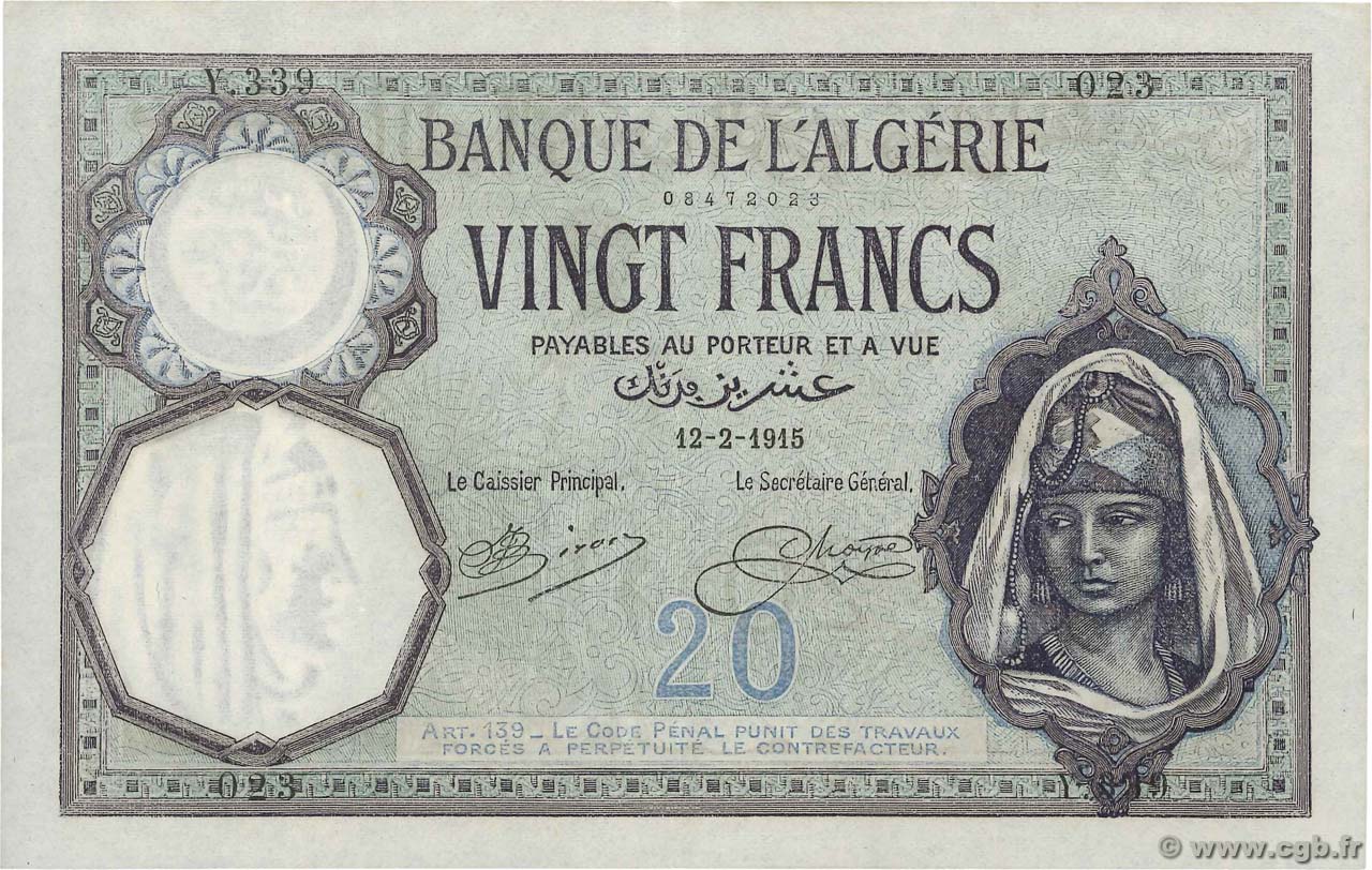 20 Francs ALGERIEN  1915 P.078a VZ+