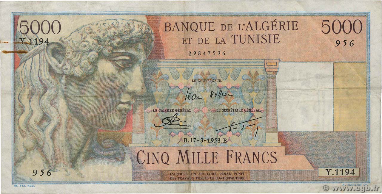 5000 Francs ALGERIA  1953 P.109b VF
