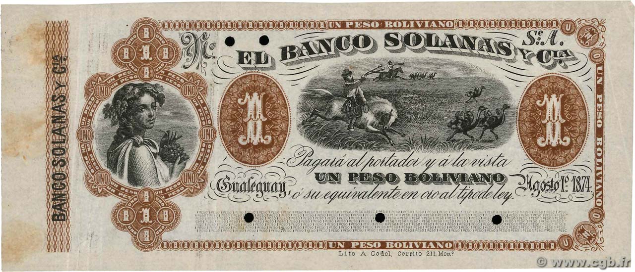 1 Peso Boliviano Non Emis Argentina 1874 Ps 1915r Banknotes