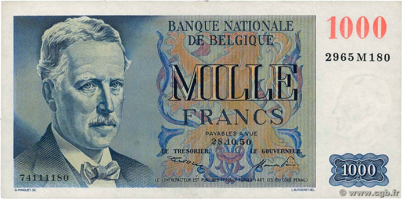 1000 Francs BÉLGICA  1950 P.131 MBC+