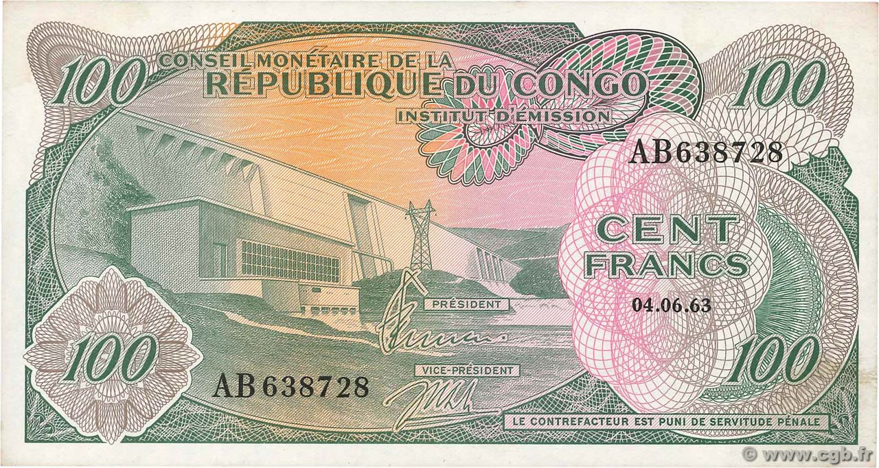 100 Francs REPúBLICA DEL CONGO  1963 P.001a SC
