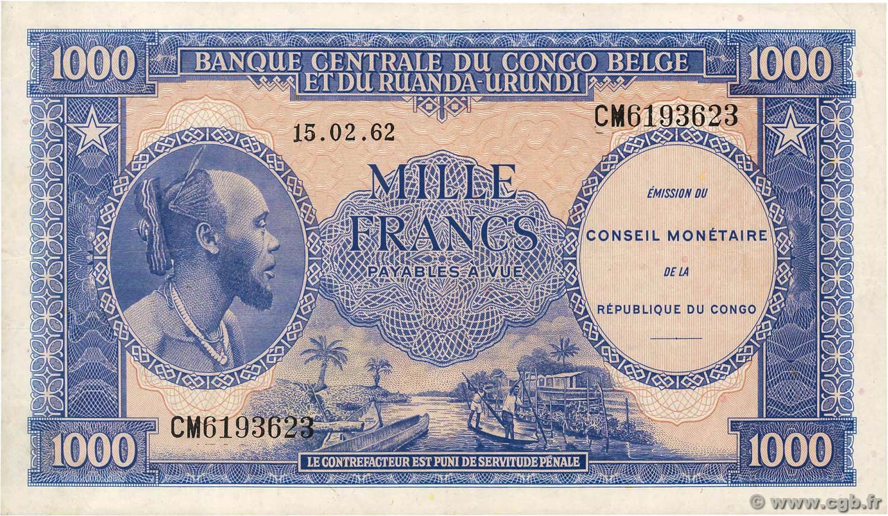 1000 Francs REPúBLICA DEMOCRáTICA DEL CONGO  1962 P.002a MBC+