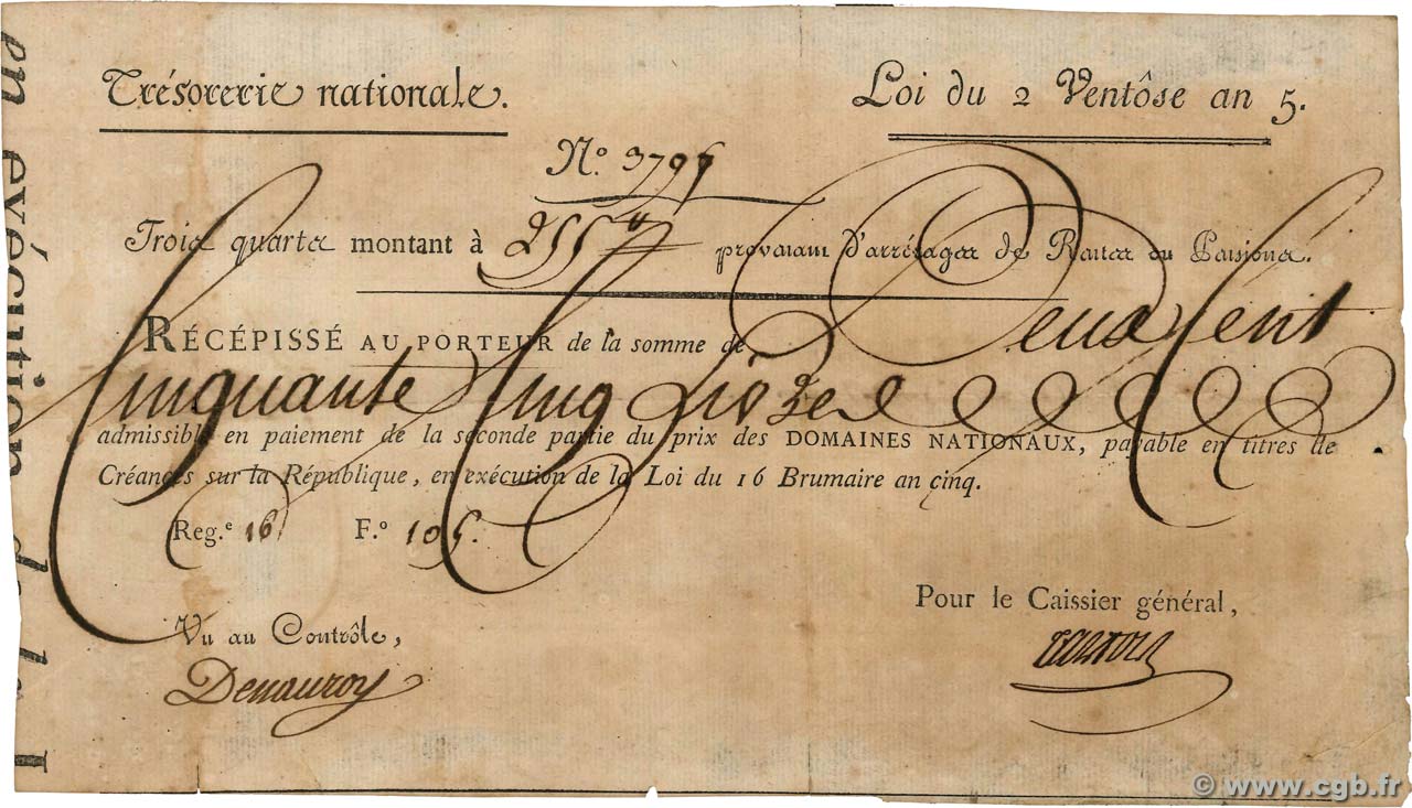 255 Livres Bon des Trois-Quarts FRANCIA  1796 Laf.206 BC a MBC