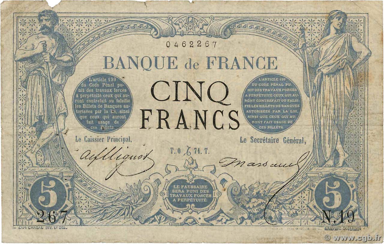 5 Francs NOIR FRANKREICH  1871 F.01.01 SGE