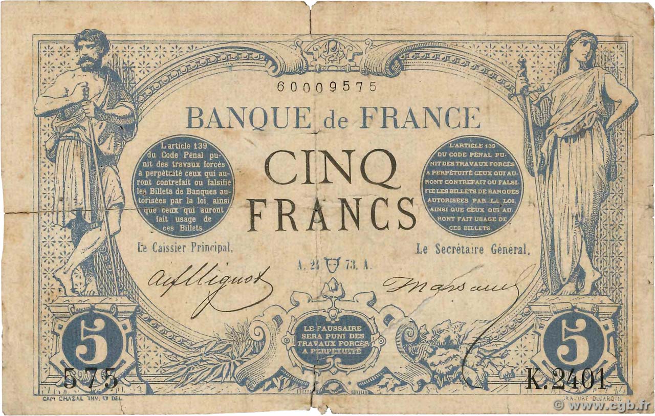 5 Francs NOIR FRANCE  1873 F.01.17 pr.B