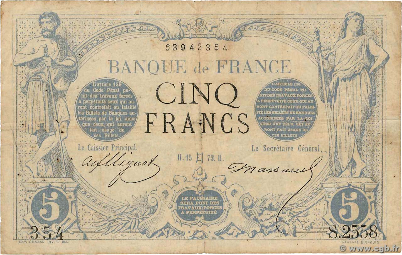 5 Francs NOIR FRANCIA  1873 F.01.18 RC+