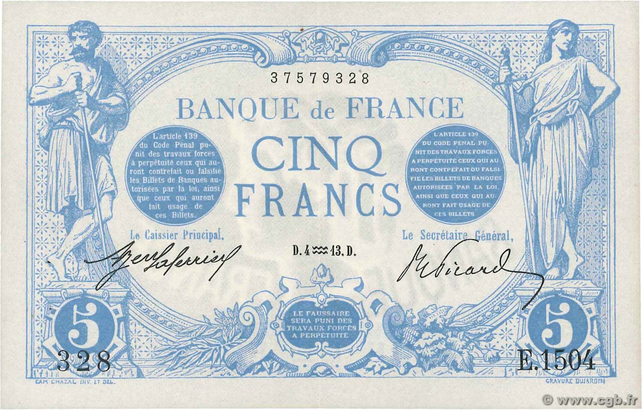 5 Francs BLEU FRANCIA  1913 F.02.13 EBC