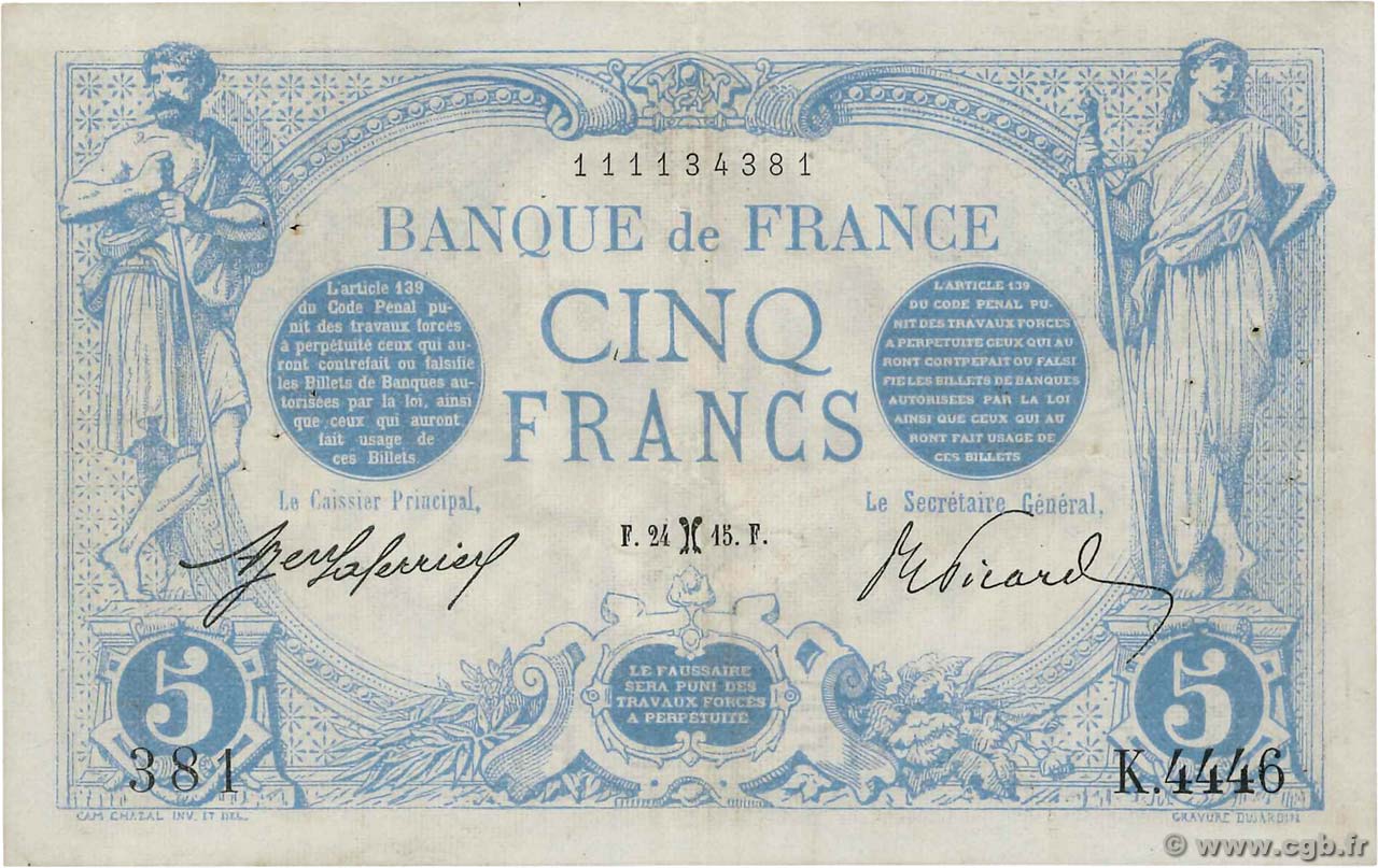 5 Francs BLEU FRANCIA  1915 F.02.24 MBC