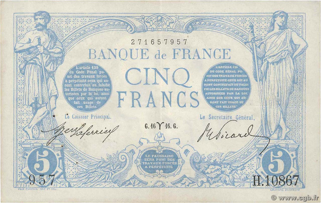 5 Francs BLEU FRANCE  1916 F.02.37 VF+