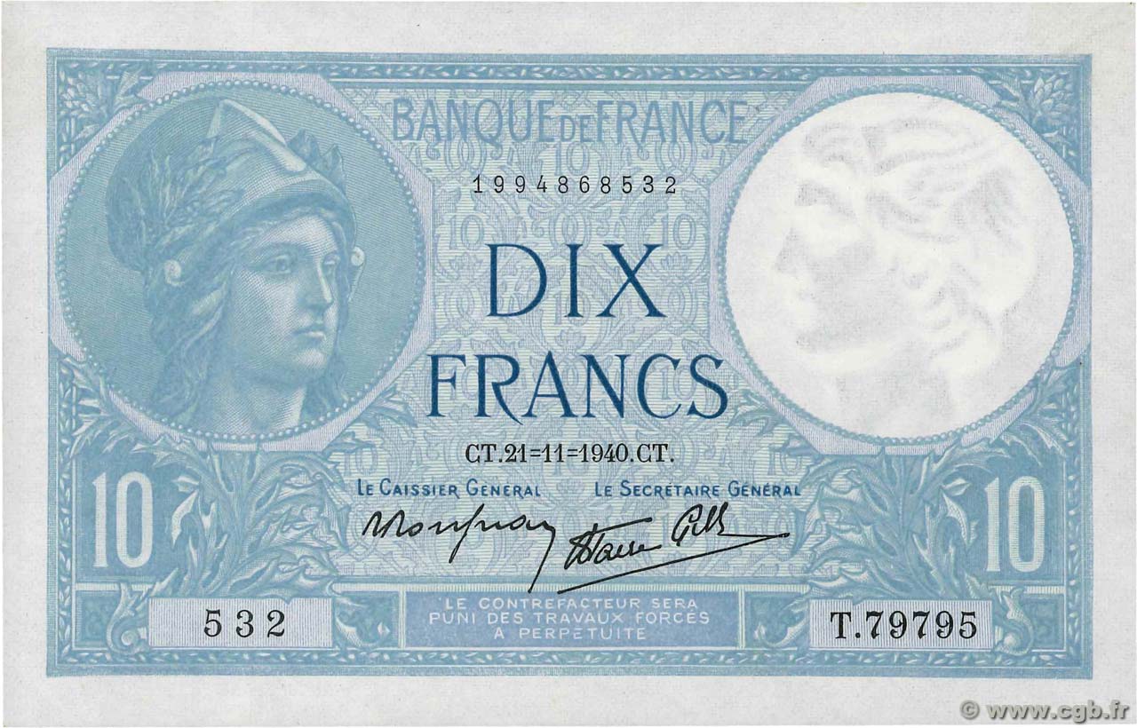 10 Francs MINERVE modifié FRANCE  1940 F.07.21 AU+