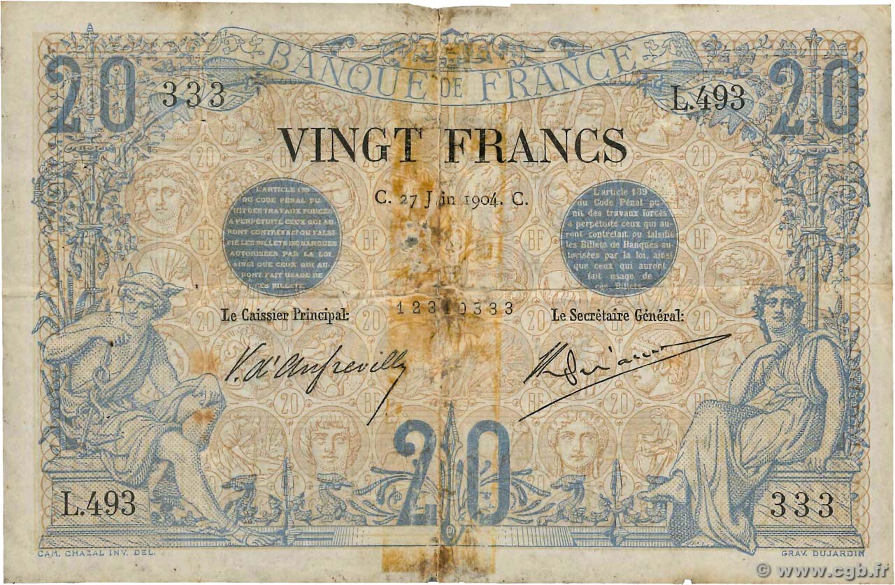 20 Francs NOIR FRANCE  1904 F.09.03 pr.B