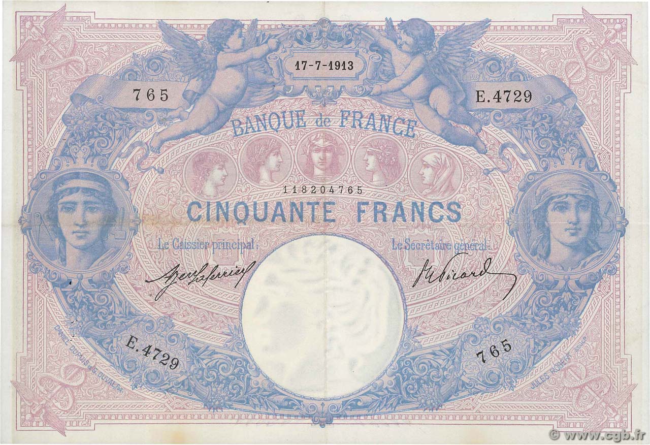 50 Francs BLEU ET ROSE FRANCE  1913 F.14.26 XF-