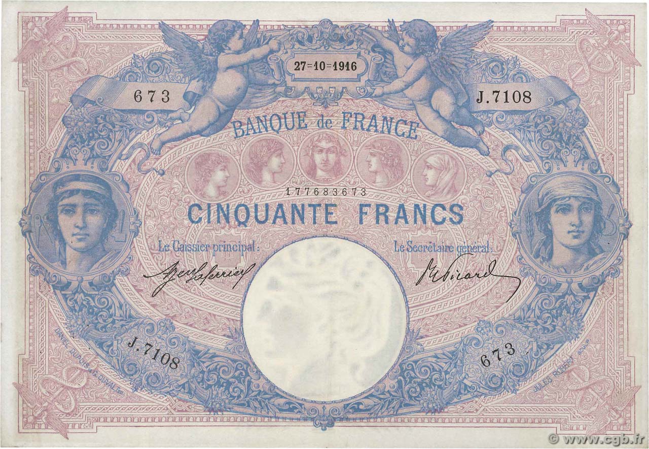 50 Francs BLEU ET ROSE FRANCIA  1916 F.14.29 q.SPL