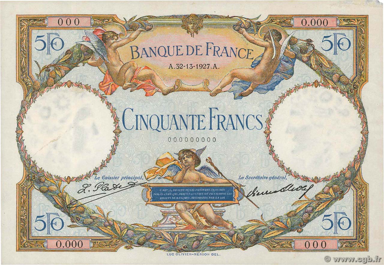 50 Francs LUC OLIVIER MERSON Spécimen FRANCIA  1927 F.15.01S AU