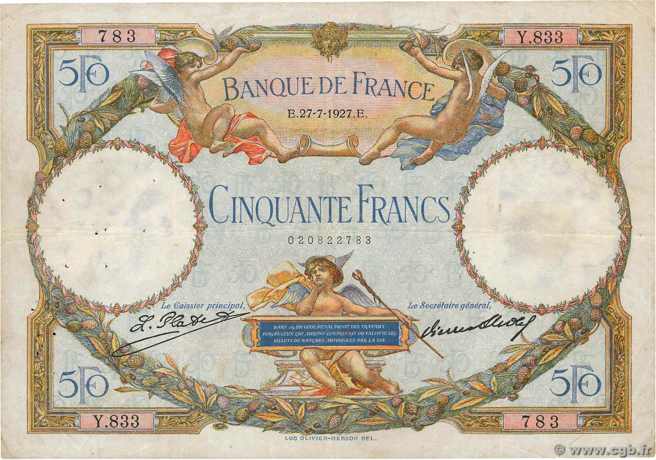 50 Francs LUC OLIVIER MERSON FRANCIA  1927 F.15.01 MB