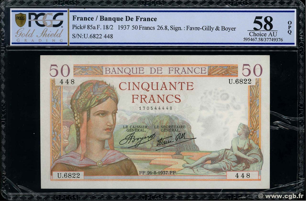 50 Francs CÉRÈS modifié FRANCE  1937 F.18.02 SUP+