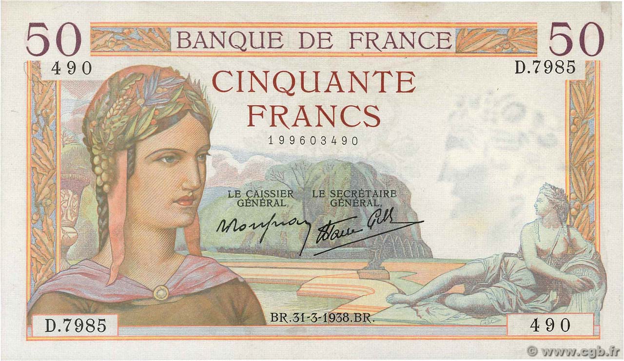 50 Francs CÉRÈS modifié FRANKREICH  1938 F.18.11 fST