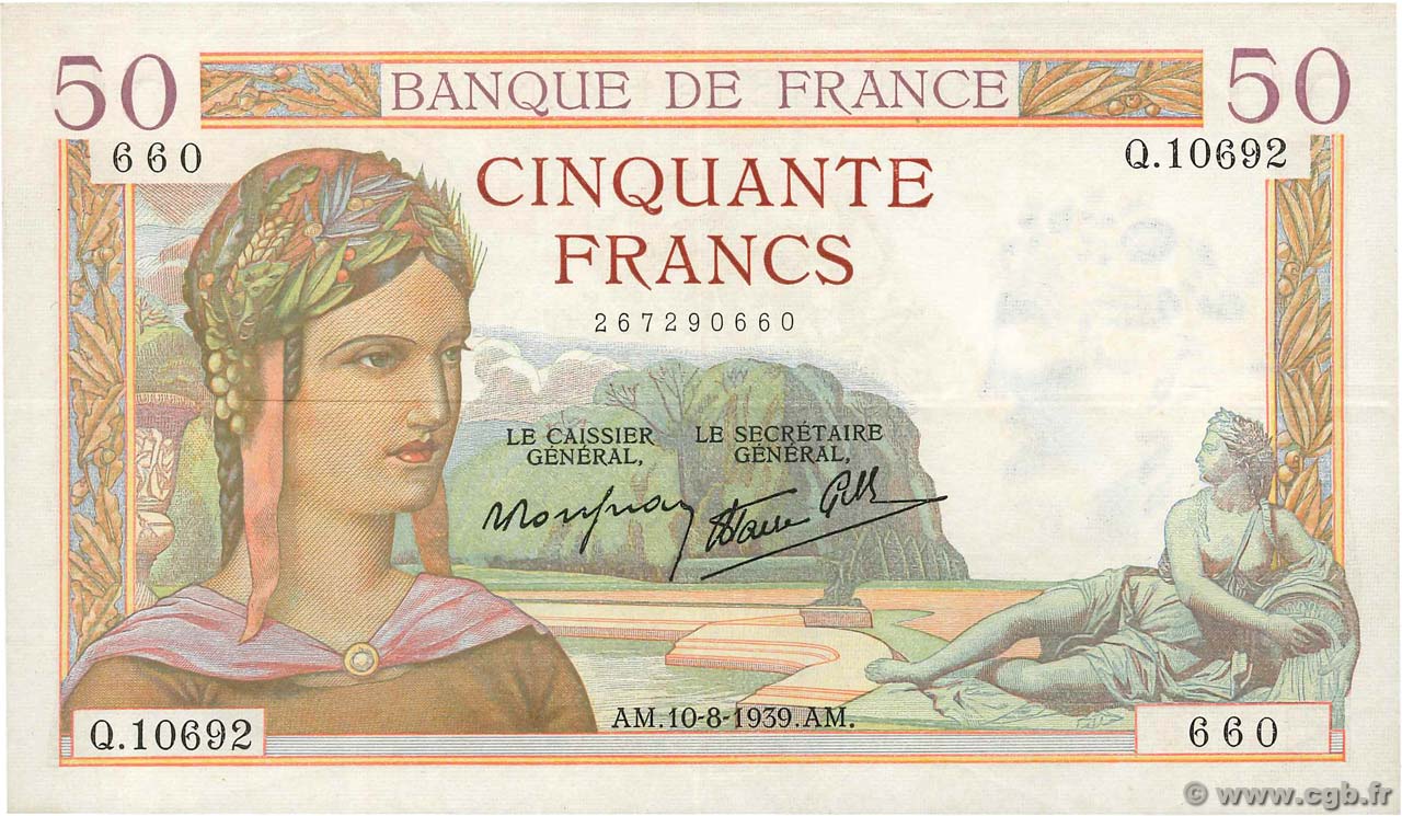 50 Francs CÉRÈS modifié FRANCIA  1939 F.18.29 MBC+