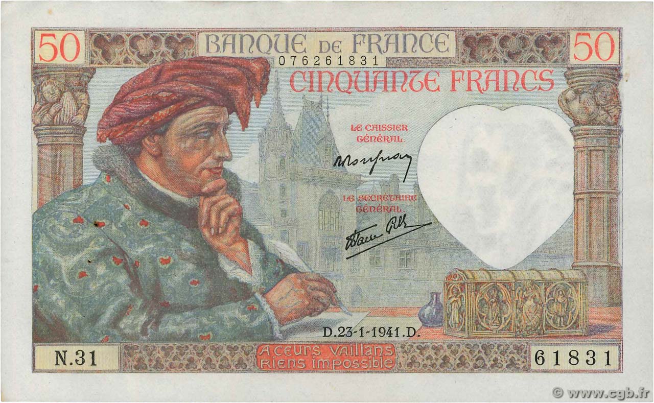 50 Francs JACQUES CŒUR FRANCE  1941 F.19.05 XF-