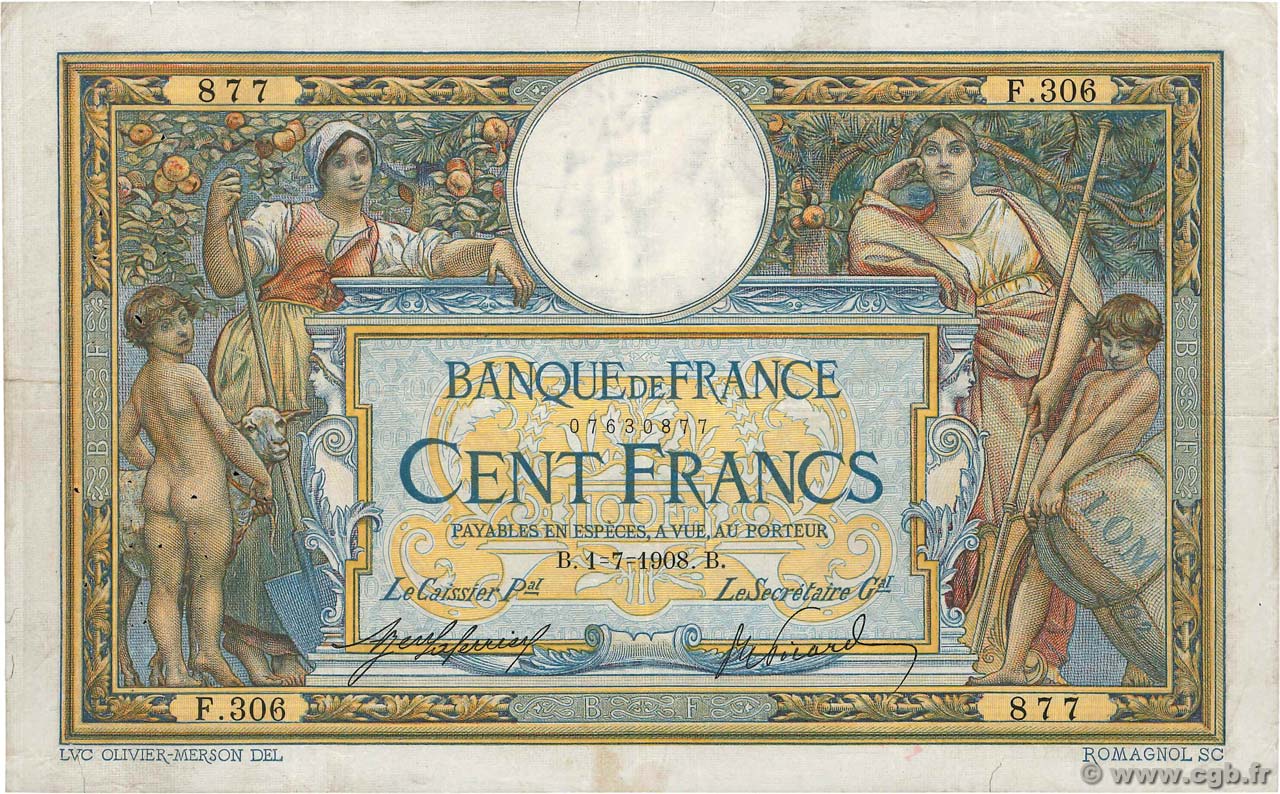 100 Francs LUC OLIVIER MERSON avec LOM FRANCIA  1908 F.22.01 MB