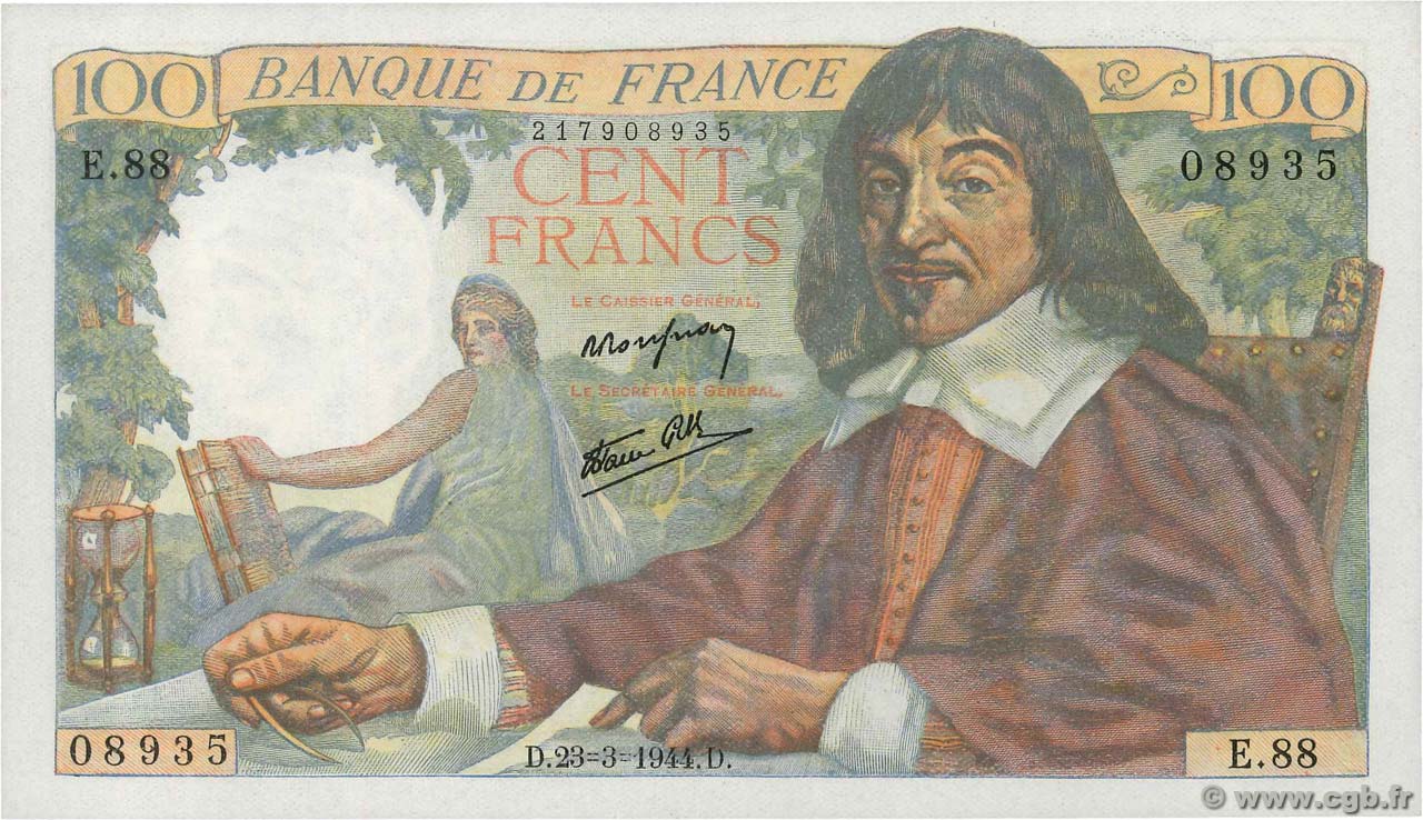 100 Francs DESCARTES FRANCE  1944 F.27.05 pr.NEUF