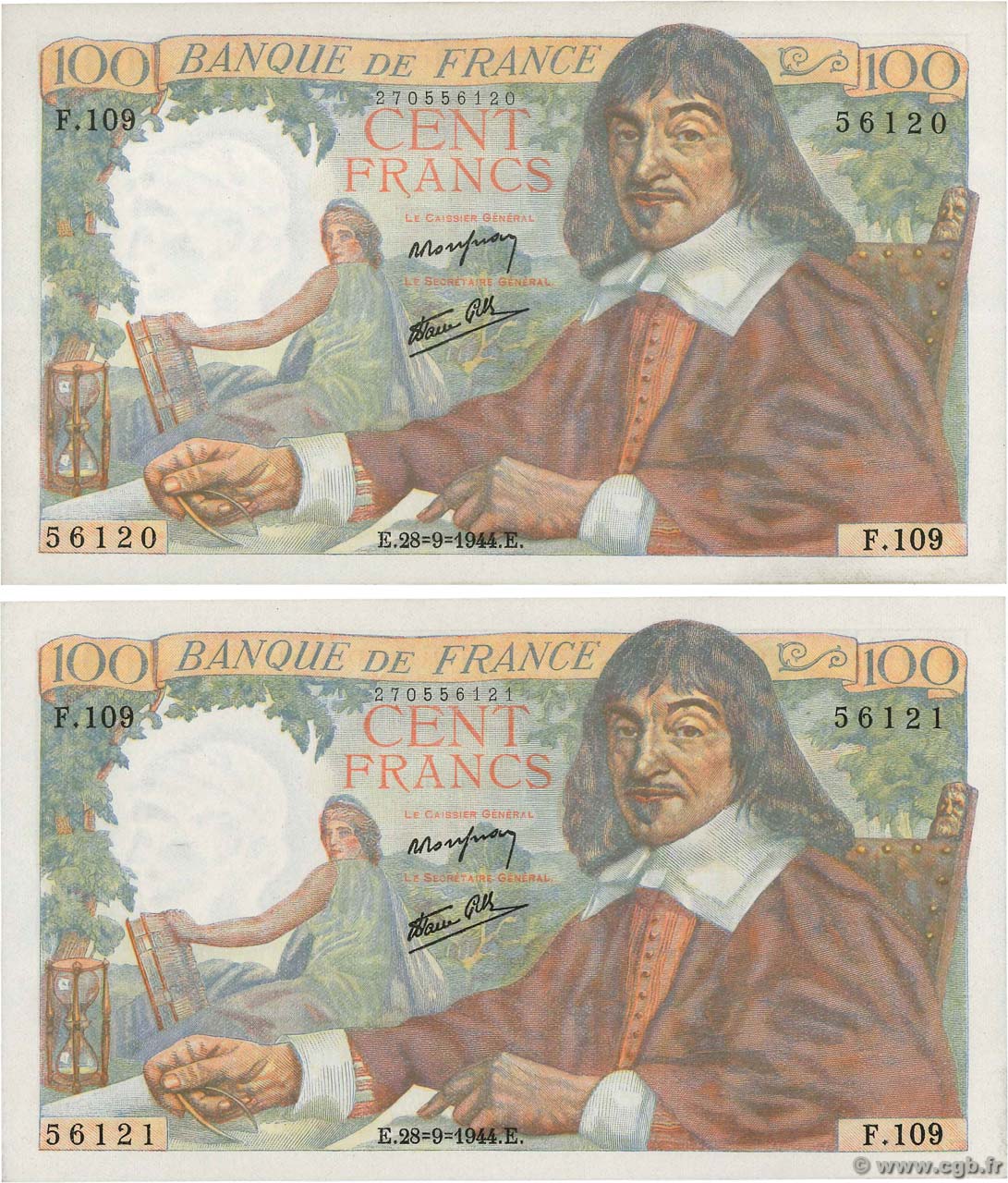 100 Francs DESCARTES Consécutifs FRANCE  1944 F.27.07 UNC-