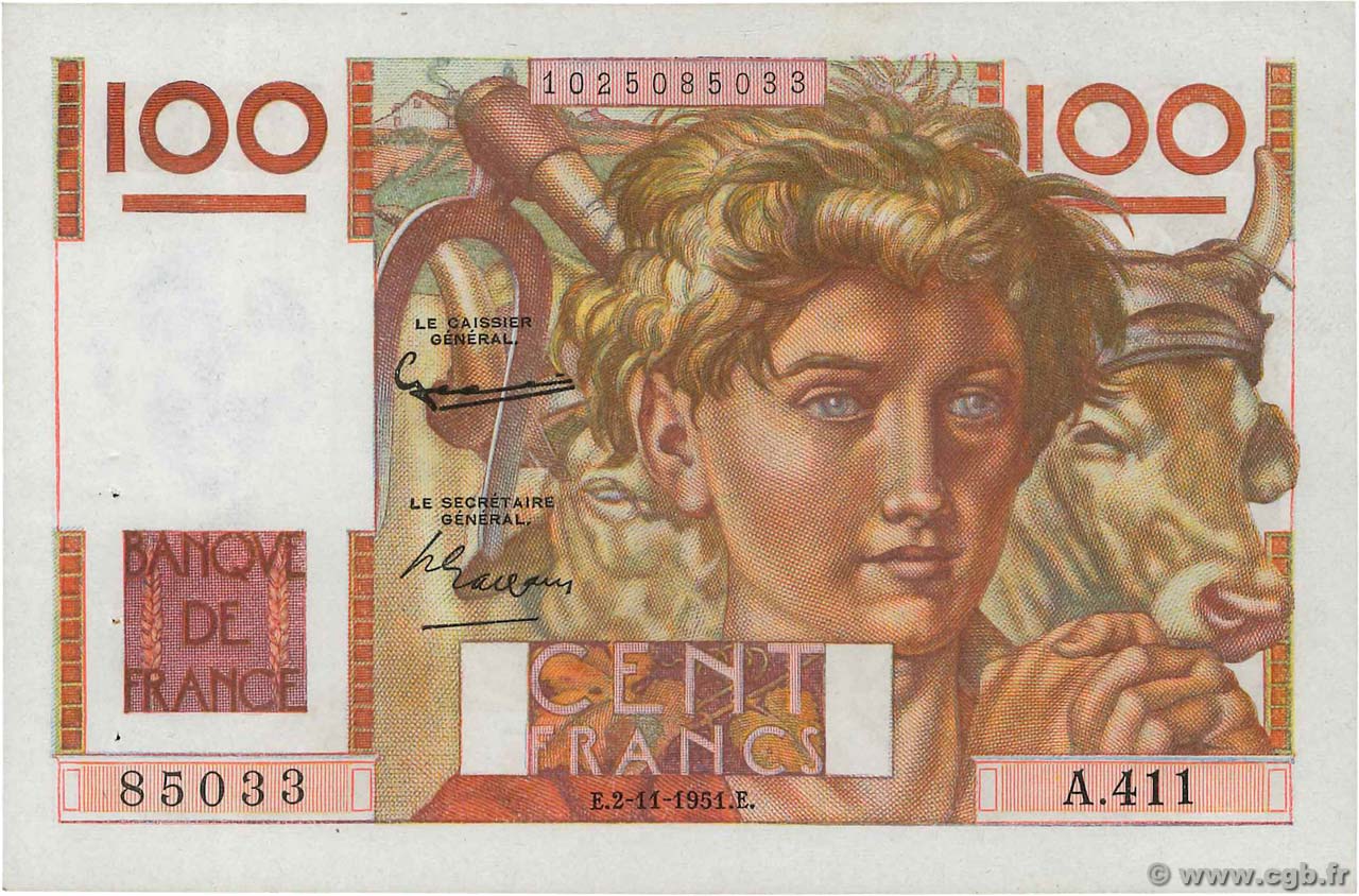 100 Francs JEUNE PAYSAN FRANCE  1951 F.28.30 pr.SPL
