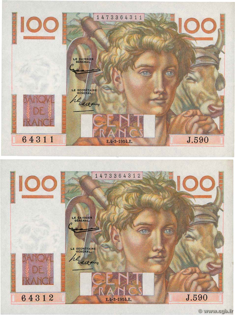 100 Francs JEUNE PAYSAN filigrane inversé Fauté FRANKREICH  1954 F.28bis.05 fST