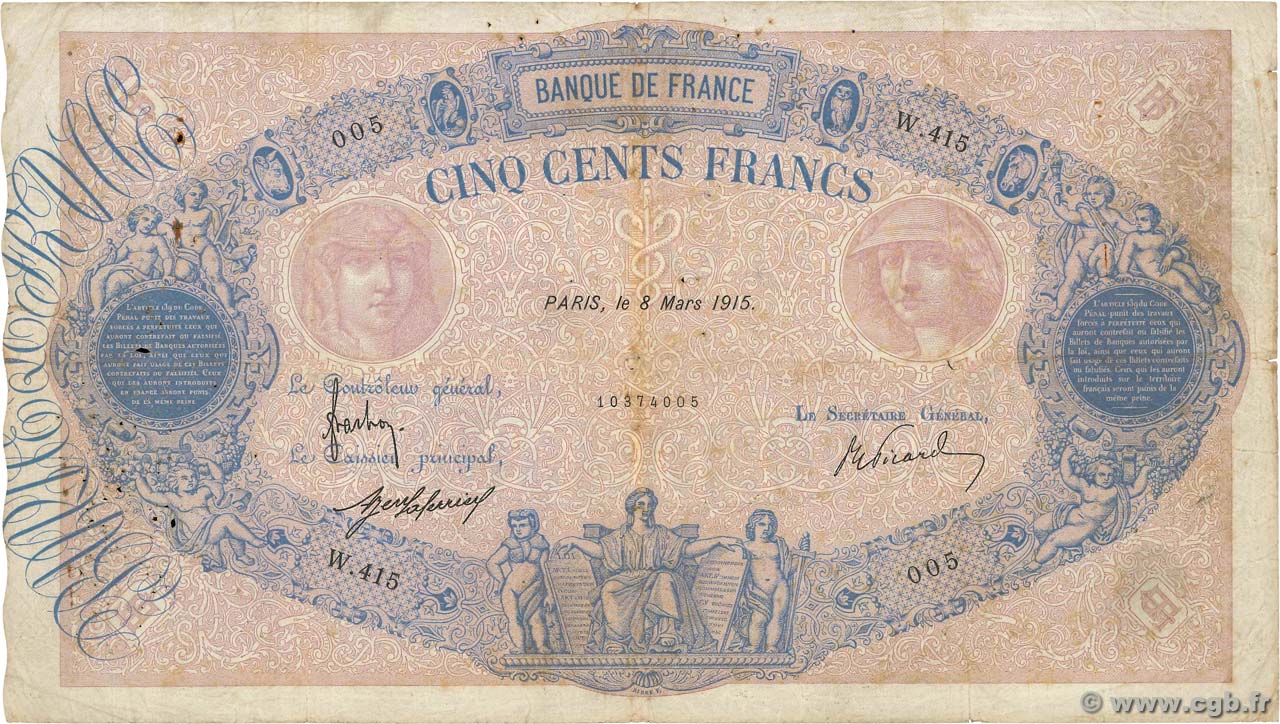 500 Francs BLEU ET ROSE FRANCE  1915 F.30.22 B+