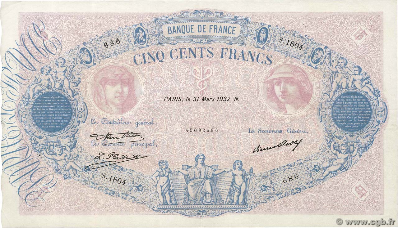 500 Francs BLEU ET ROSE FRANCE  1932 F.30.35 TTB+