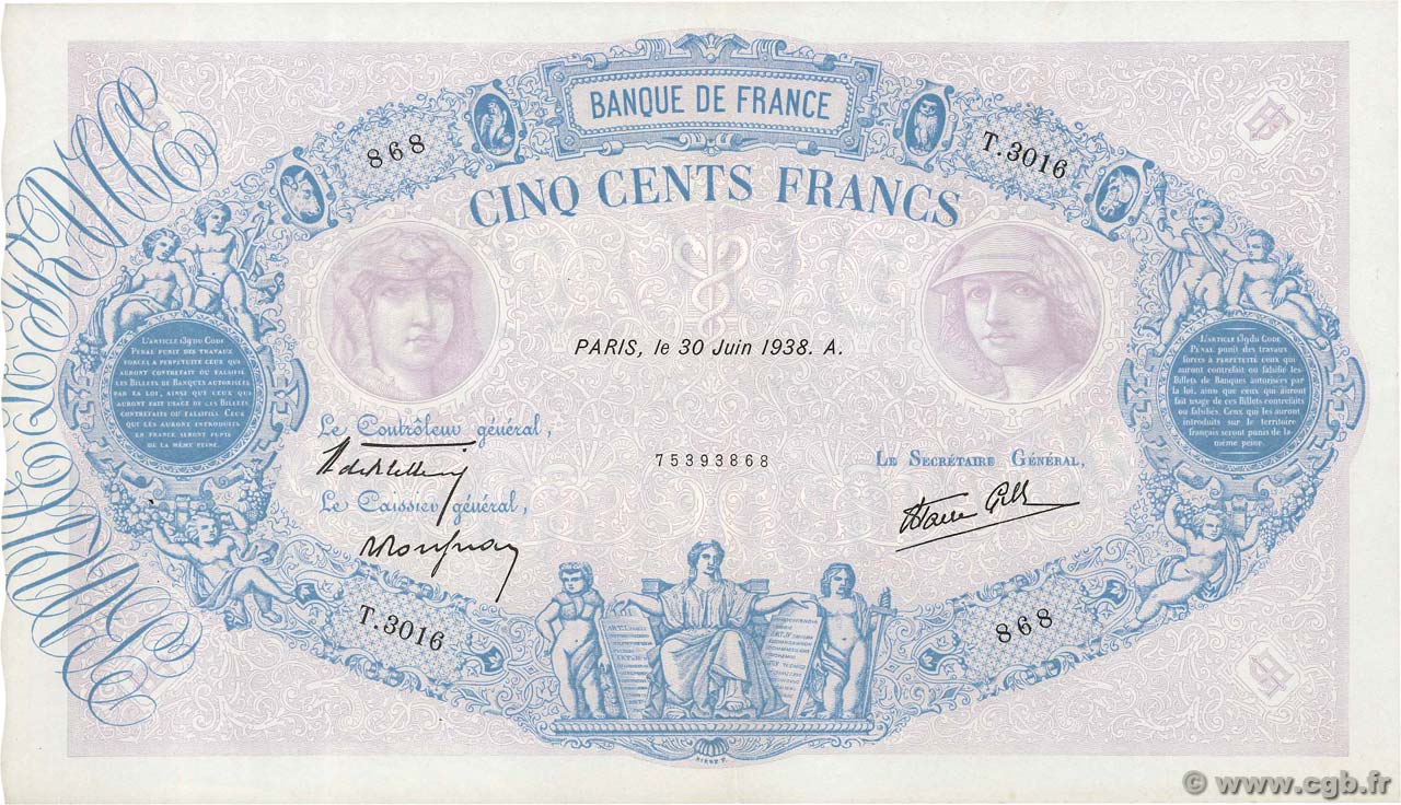 500 Francs BLEU ET ROSE modifié FRANCE  1938 F.31.17 XF