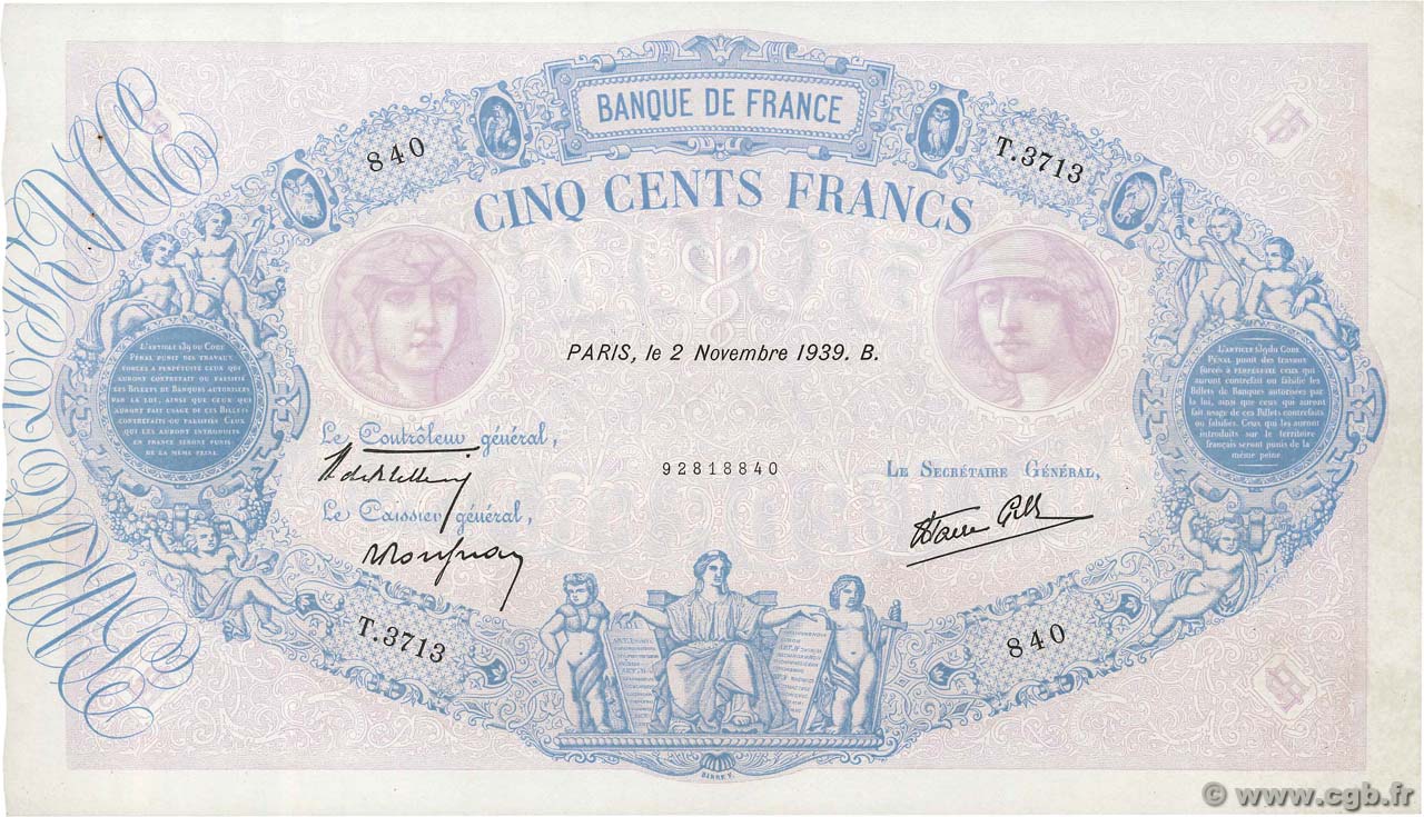 500 Francs BLEU ET ROSE modifié FRANCE  1939 F.31.46 AU-
