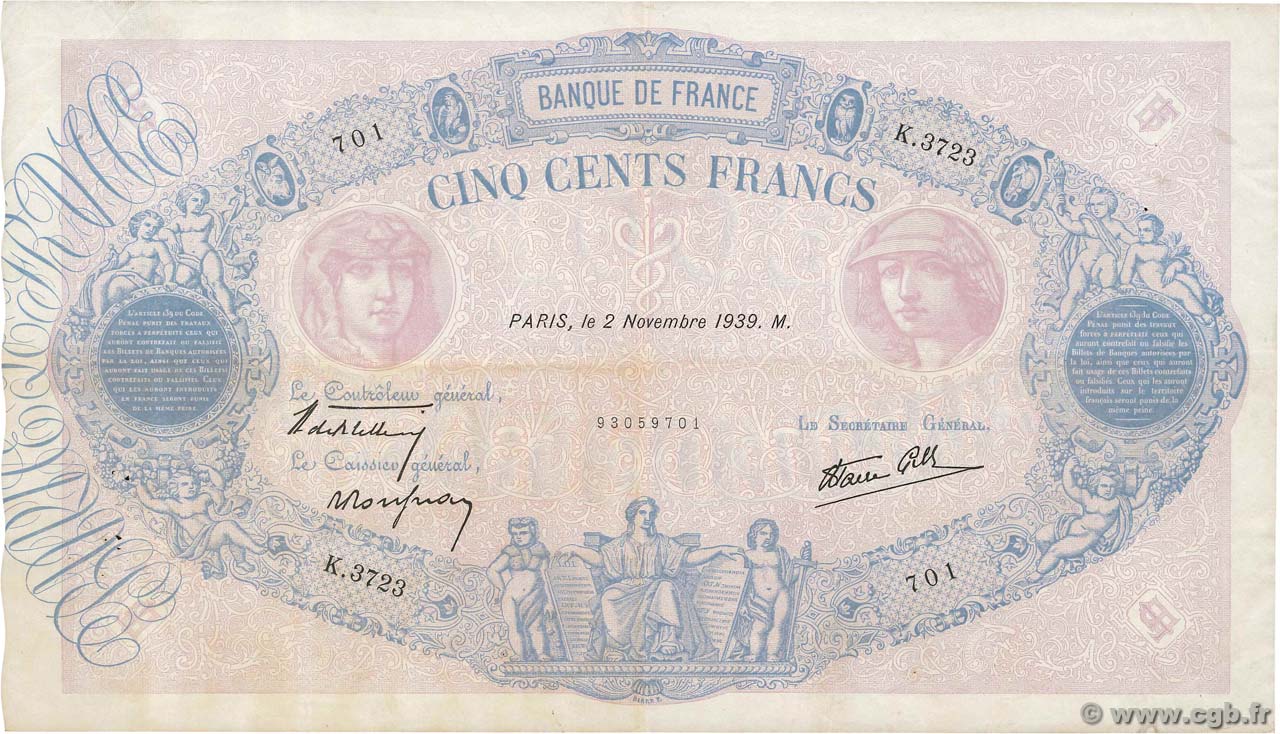 500 Francs BLEU ET ROSE modifié FRANKREICH  1939 F.31.46 SS