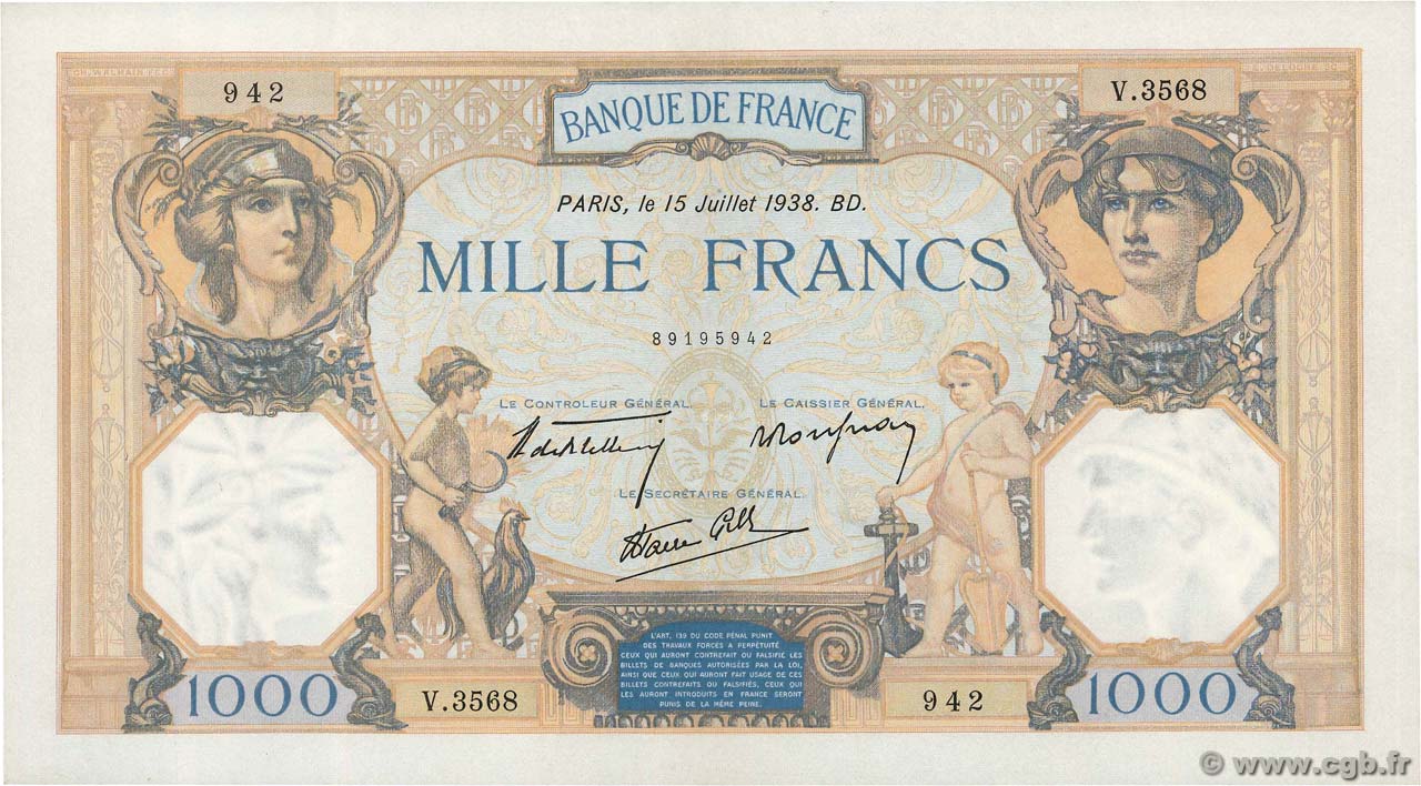 1000 Francs CÉRÈS ET MERCURE type modifié FRANCIA  1938 F.38.23 EBC+