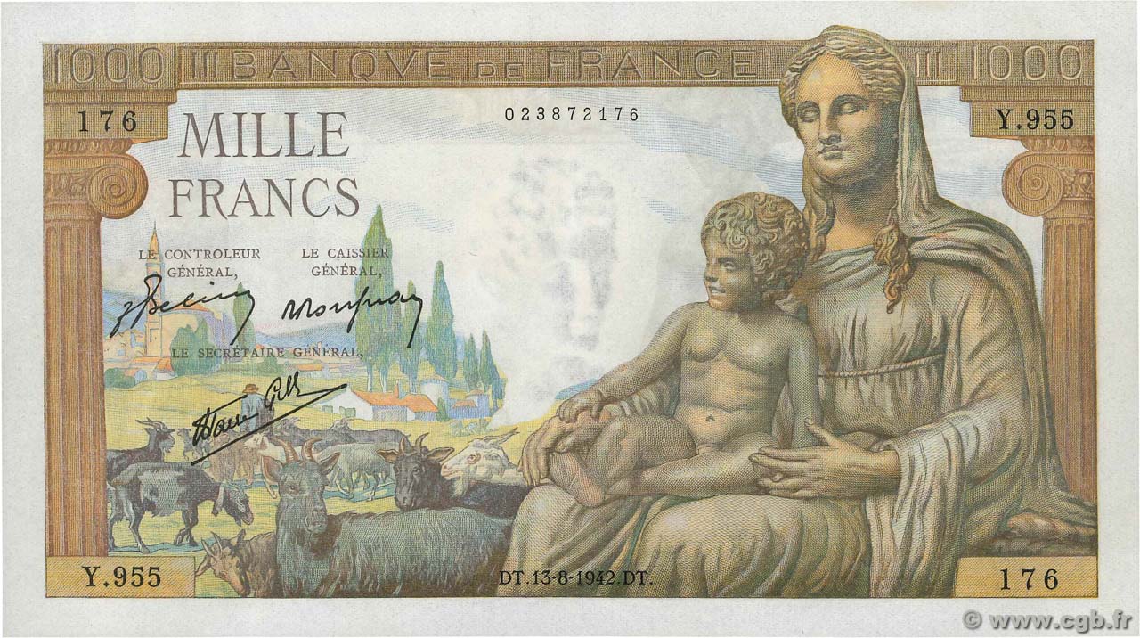 1000 Francs DÉESSE DÉMÉTER FRANCIA  1942 F.40.04 FDC