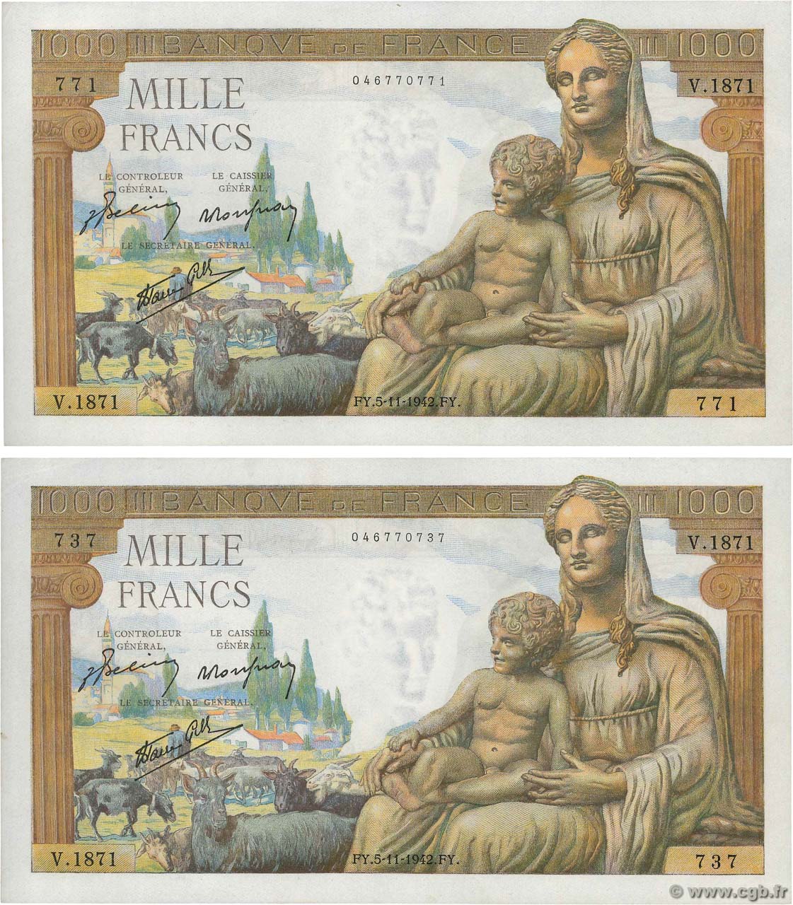 1000 Francs DÉESSE DÉMÉTER Lot FRANCE  1942 F.40.10 UNC-
