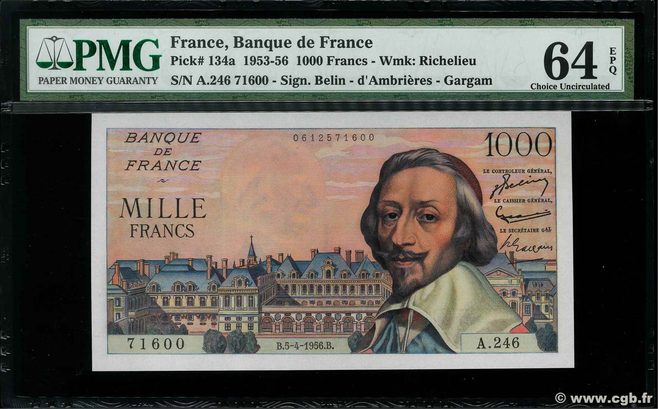 1000 Francs RICHELIEU FRANCIA  1956 F.42.20 SC+