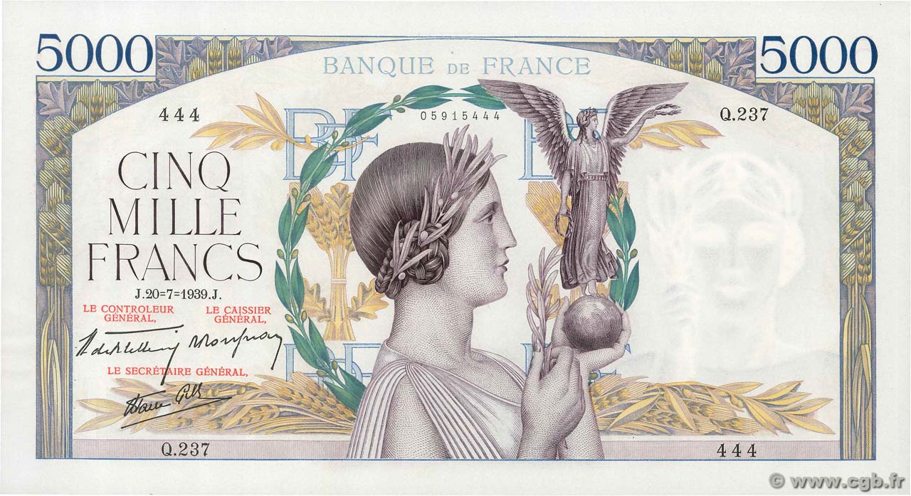 5000 Francs VICTOIRE Impression à plat FRANKREICH  1939 F.46.08 fST