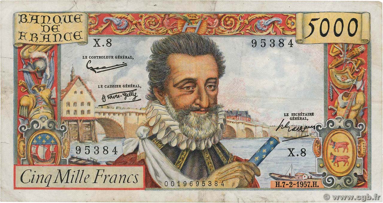 5000 Francs HENRI IV FRANCIA  1957 F.49.01 q.MB