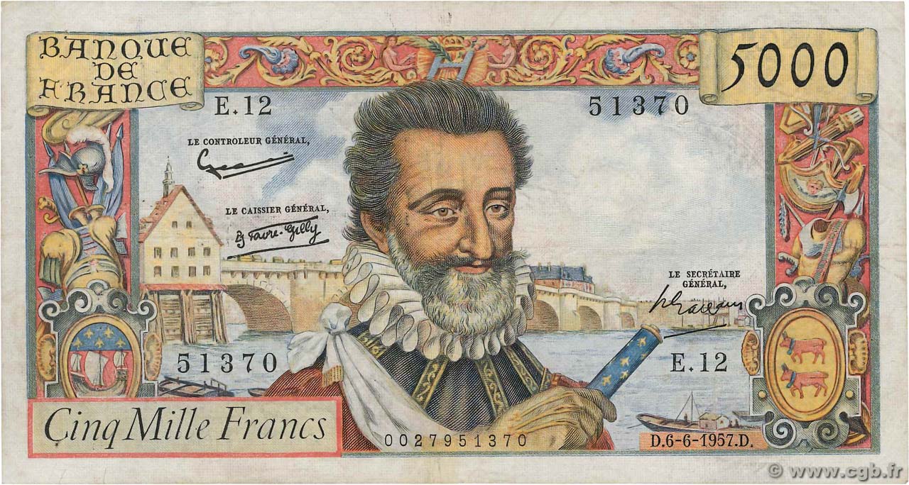 5000 Francs HENRI IV FRANCIA  1957 F.49.02 BC