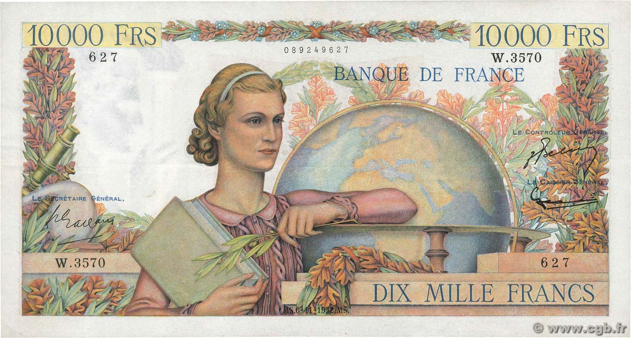 10000 Francs GÉNIE FRANÇAIS FRANCE  1952 F.50.61 VF+