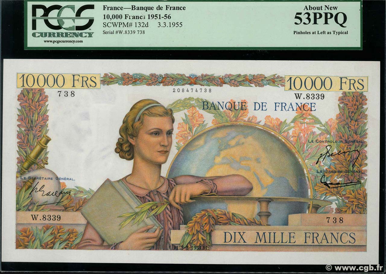 10000 Francs GÉNIE FRANÇAIS FRANCE  1955 F.50.73 XF+