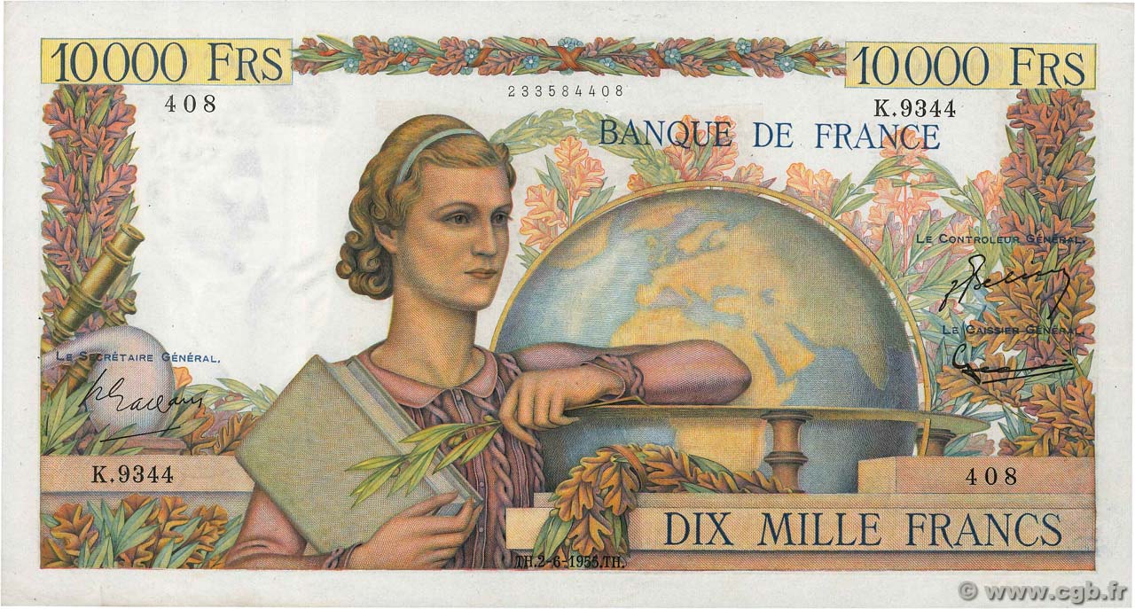 10000 Francs GÉNIE FRANÇAIS FRANCE  1955 F.50.75 XF