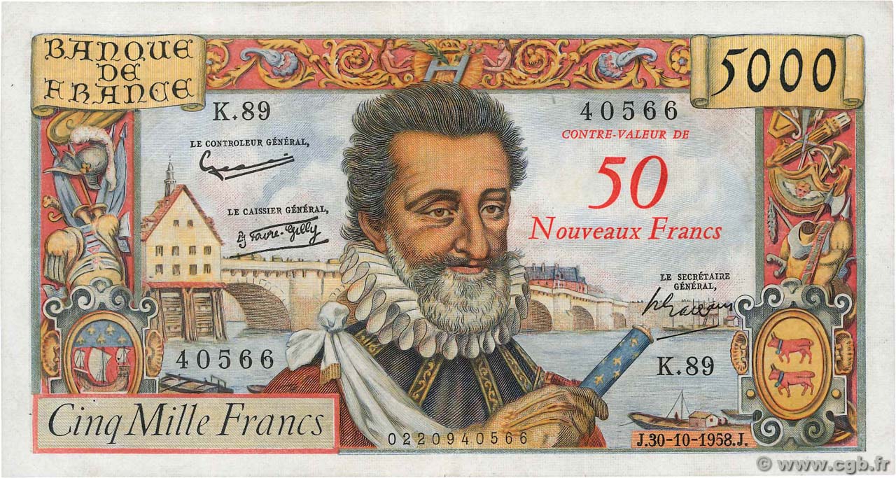 50 NF sur 5000 Francs HENRI IV FRANCE  1958 F.54.01 TTB+
