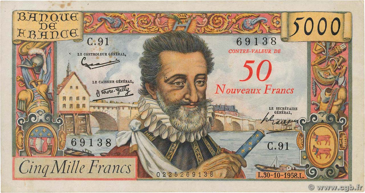 50 NF sur 5000 Francs HENRI IV FRANCE  1958 F.54.01 TB+