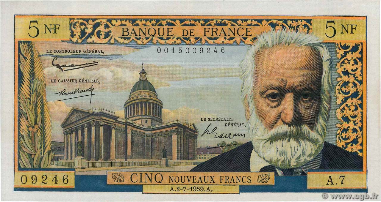 5 Nouveaux Francs VICTOR HUGO FRANCE  1959 F.56.02 XF+