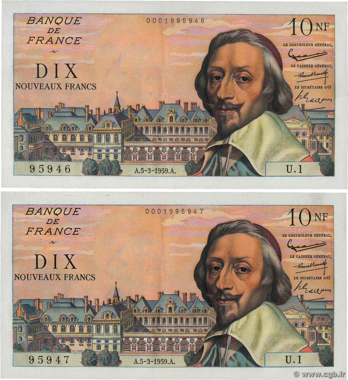 10 Nouveaux Francs RICHELIEU Consécutifs FRANKREICH  1959 F.57.01 fST