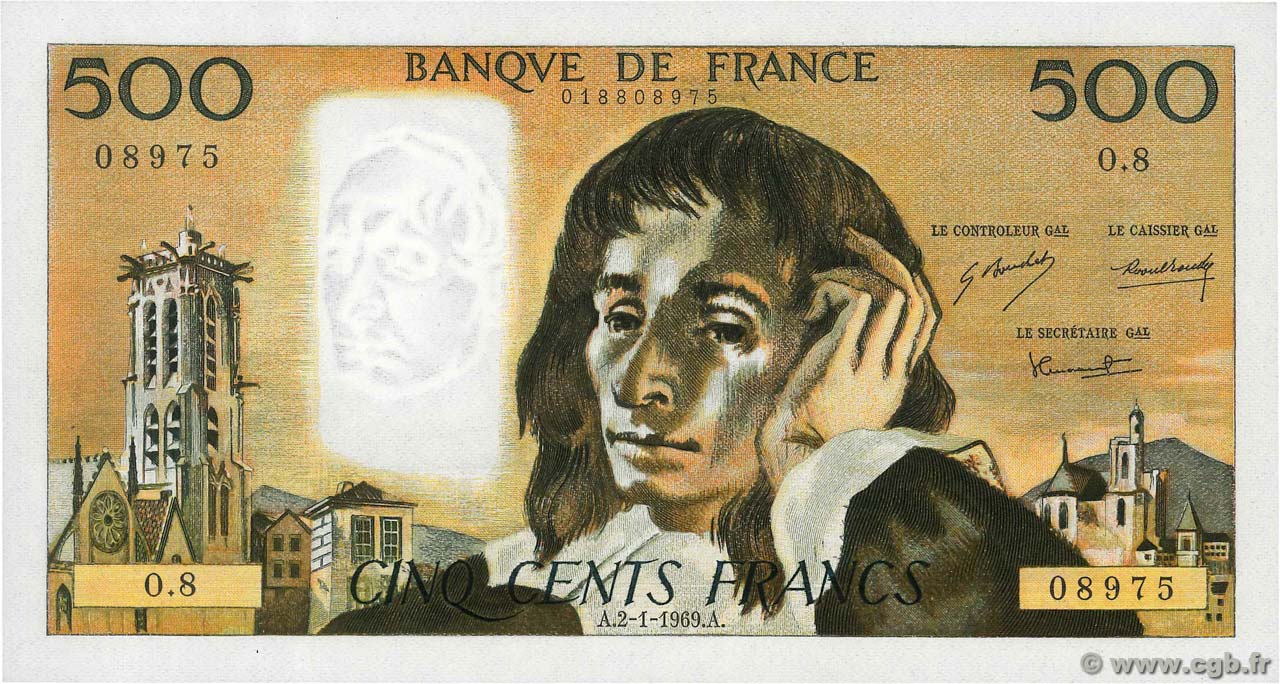 500 Francs PASCAL FRANCE  1969 F.71.03 AU-