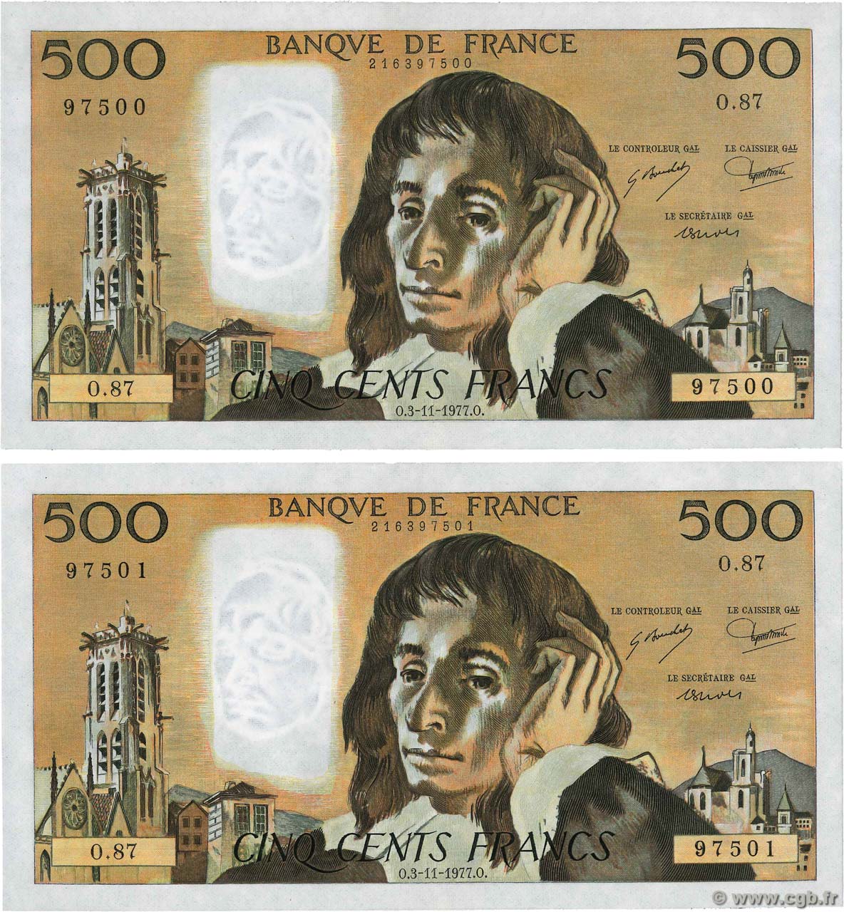 500 Francs PASCAL Consécutifs FRANKREICH  1977 F.71.17 VZ+