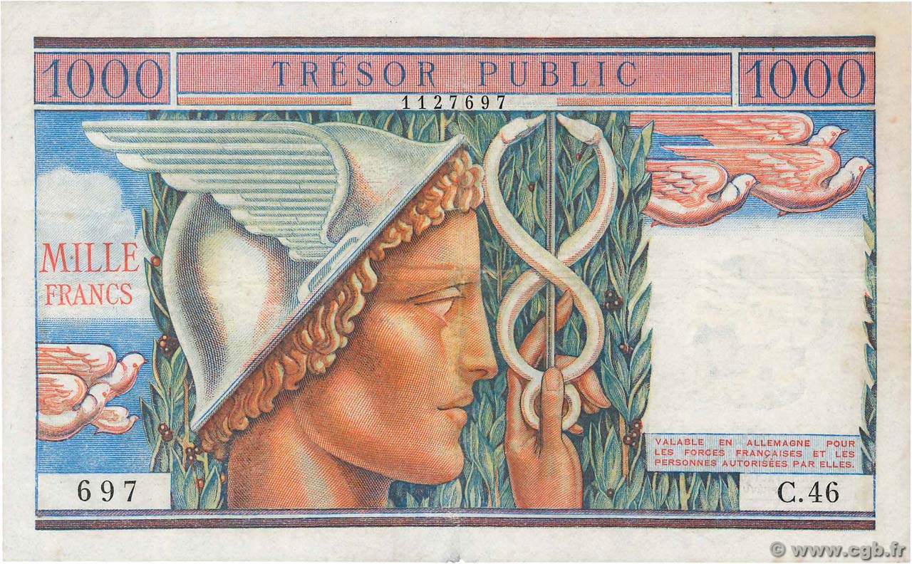 1000 Francs TRÉSOR PUBLIC FRANCE  1955 VF.35.01 VF-